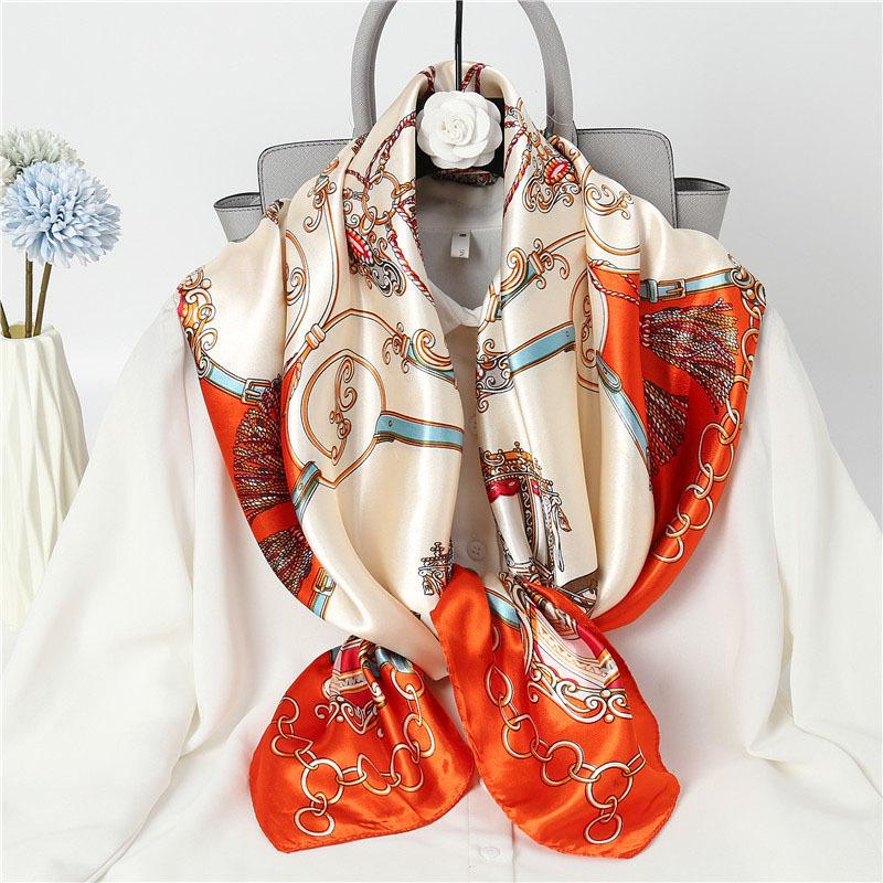 New 90cm Silk Scarf Women Print Hair Neck Square Office Ladies Shawl Bandanna Muslim Hijab Handkerchief Muffler Foulard female