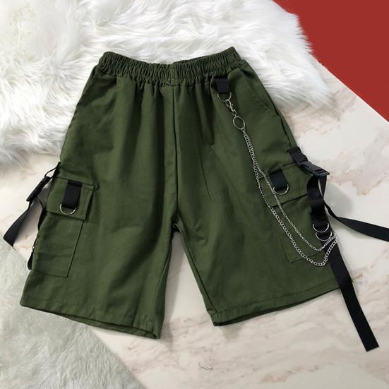 Mid-Rise Elastic Waistband Multi Pockets Chain Strap Decor Men Shorts Outdoor Fitness Cargo Short Pants
