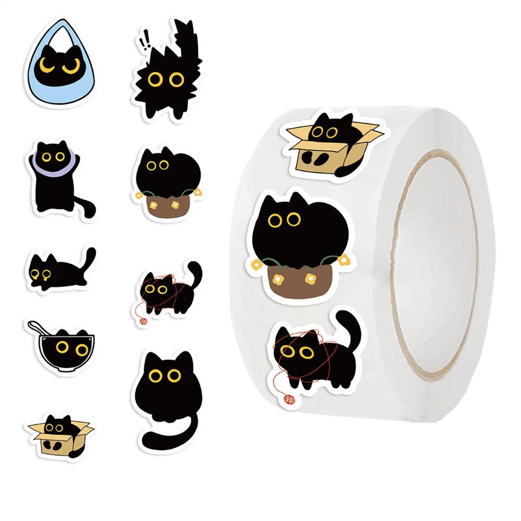500PCS Ten Different Patterns Black Cat Roll Stickers Small Pattern Decoration DIY Luggage Skateboard Water Cup Stickers