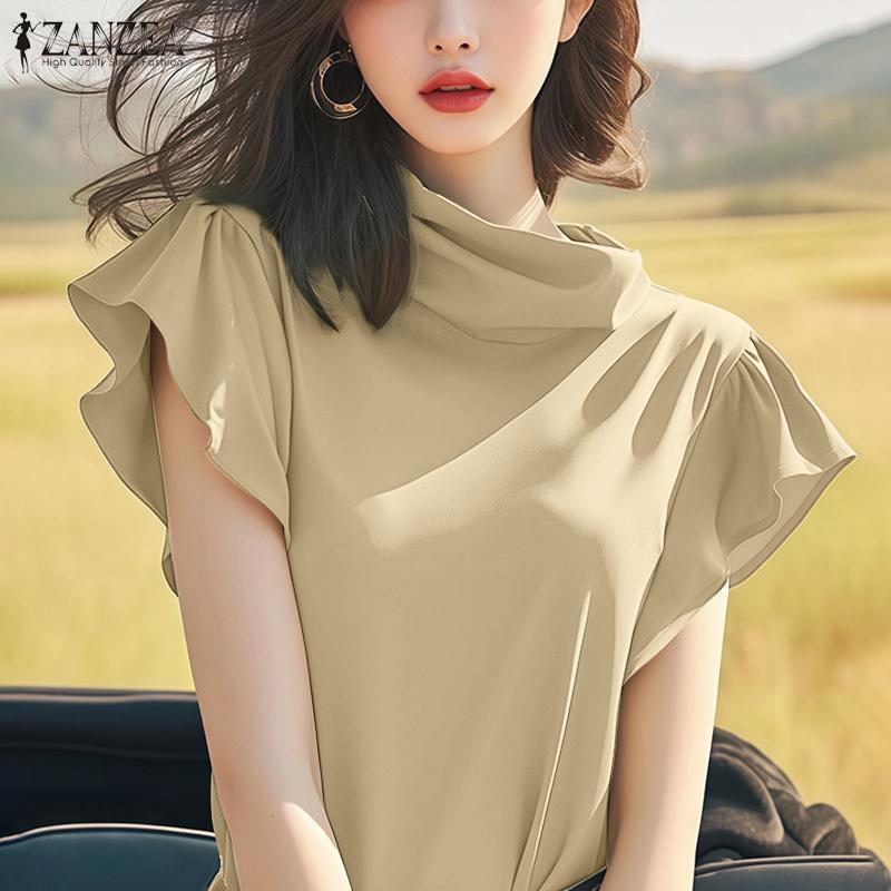 ZANZEA Women Stand Collar Summer Casual Ruffles Short Sleeve Blouse