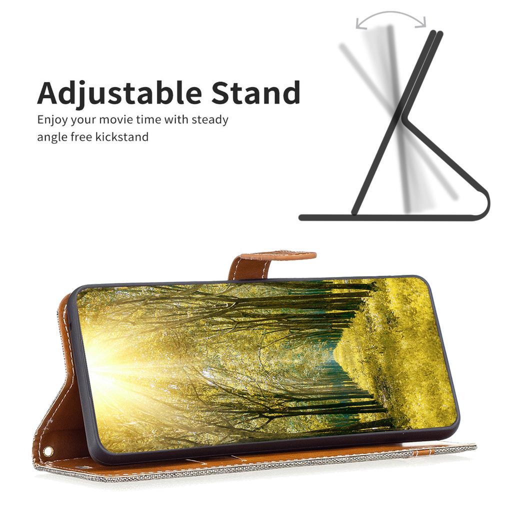 For Samsung Galaxy A24 4G (162.1 x 77.6 x 8.3mm) Splicing PU Leather Phone Cover Jeans Cloth Phone Case with Stand Wallet