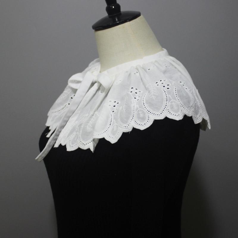Fashion White Detachable False Collar Ruffle Shawl Wrap Women Elegant Hollow Out Embroidery Leaves Decorative Capelet