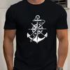 Men's Summer 100% Pure Cotton Fashionable Casual Loose Anchor and Compass Pattern Print Sports Round Neck Short Sleeved T-shirt