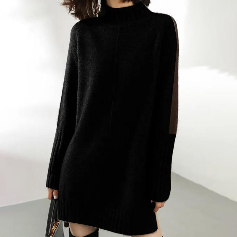 Women Autumn Winter Sweater Knitted Dresses Women Fashion Turtleneck Long Sweater Dress Ladies Warm Split Sweater Dress