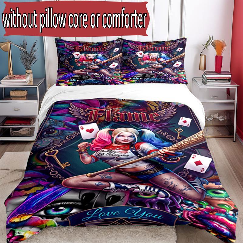 3pcs Duvet Cover Set (1*Duvet Cover + 2*Pillowcase, Without Core), Custom Name Harley Quinn Pattern Bedding Set, Home Bedroom Decor Gift