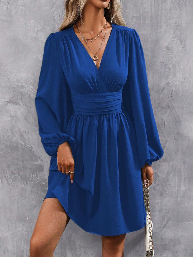 Asymmetric Neck Lantern Sleeve Ruffle Waist Dress