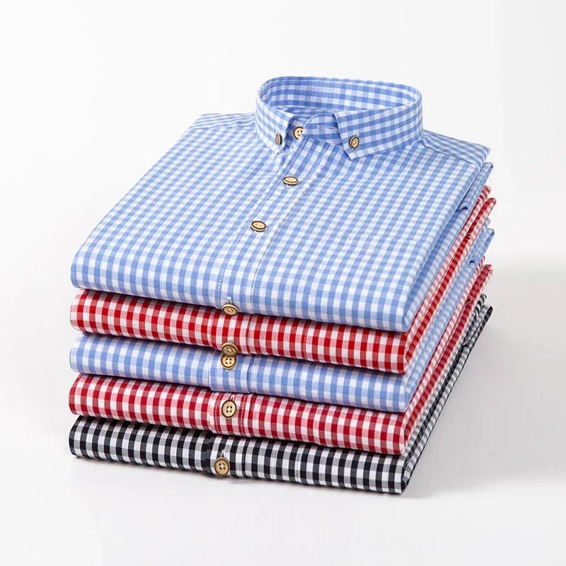 Thin Spring Summer 100% Cotton Shirts for Men Long Sleeve Checkered Dress Shirt Mens Blue Green  Men Clothing  Button Up Shirt