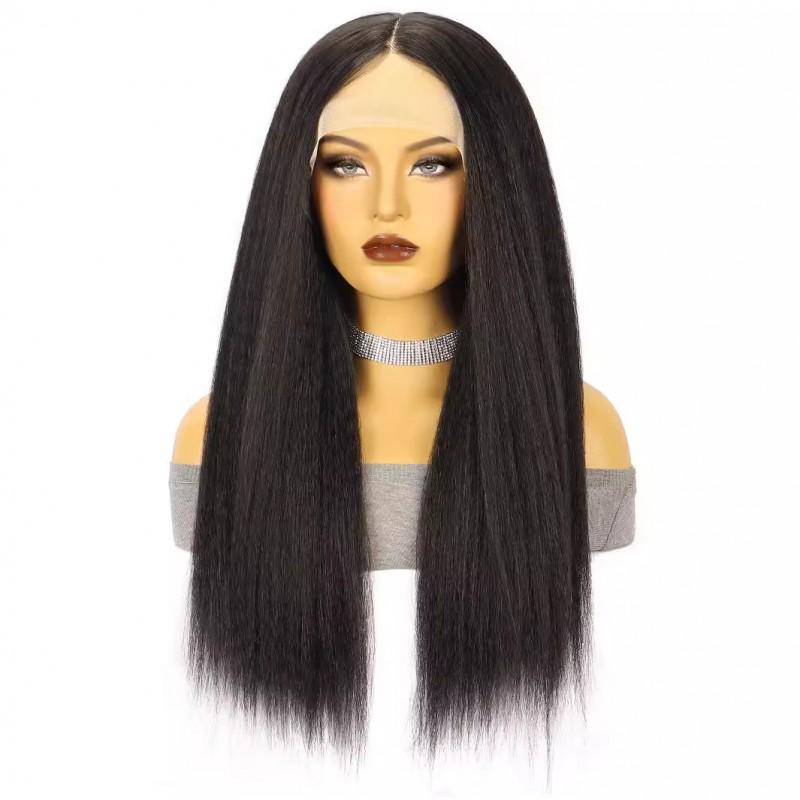Long Straight Wig Middle Part Yaki Texture Black Synthetic Hair Women