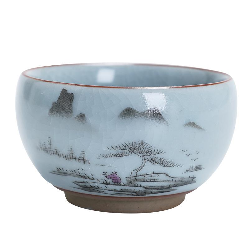 Tea Cup Ceramic Tasting Cup Hand-painted Ru Kiln Crackle Glaze Nurturing Pu'er Kung Fu Single Cup Retro Master Cup with PrintLOG