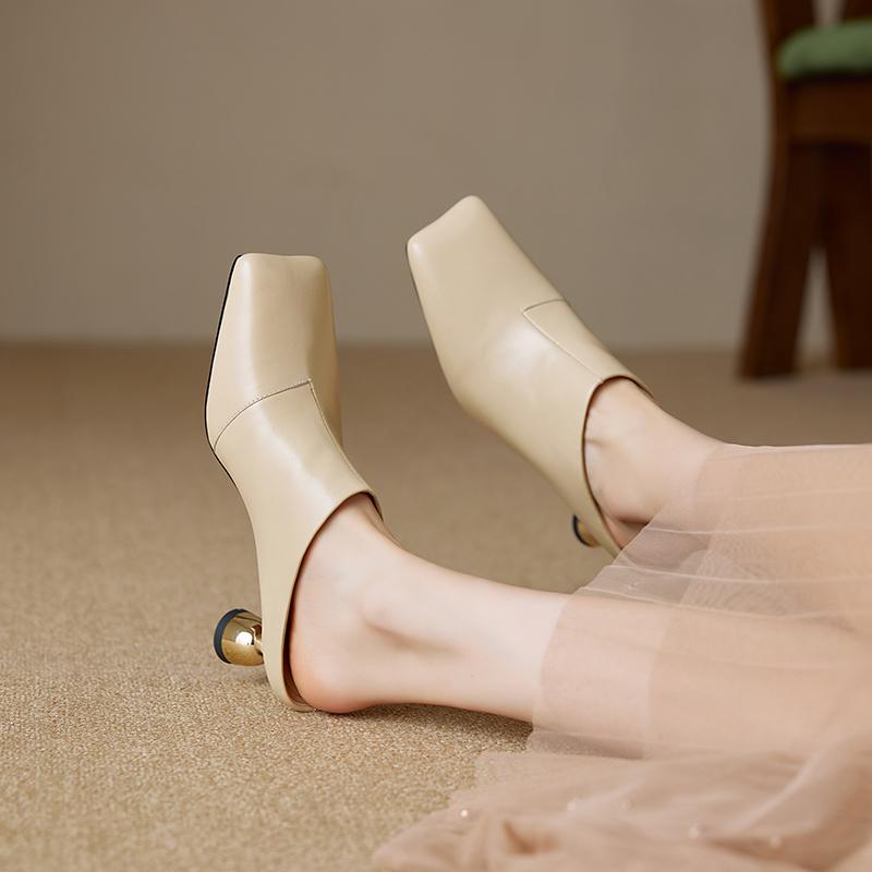 Fashion 2025 Women's Shoes New Summer Retro Square Toe Genuine Leather Sheepskin Baotou High Heel Large Muller Half Slippers Heels Women