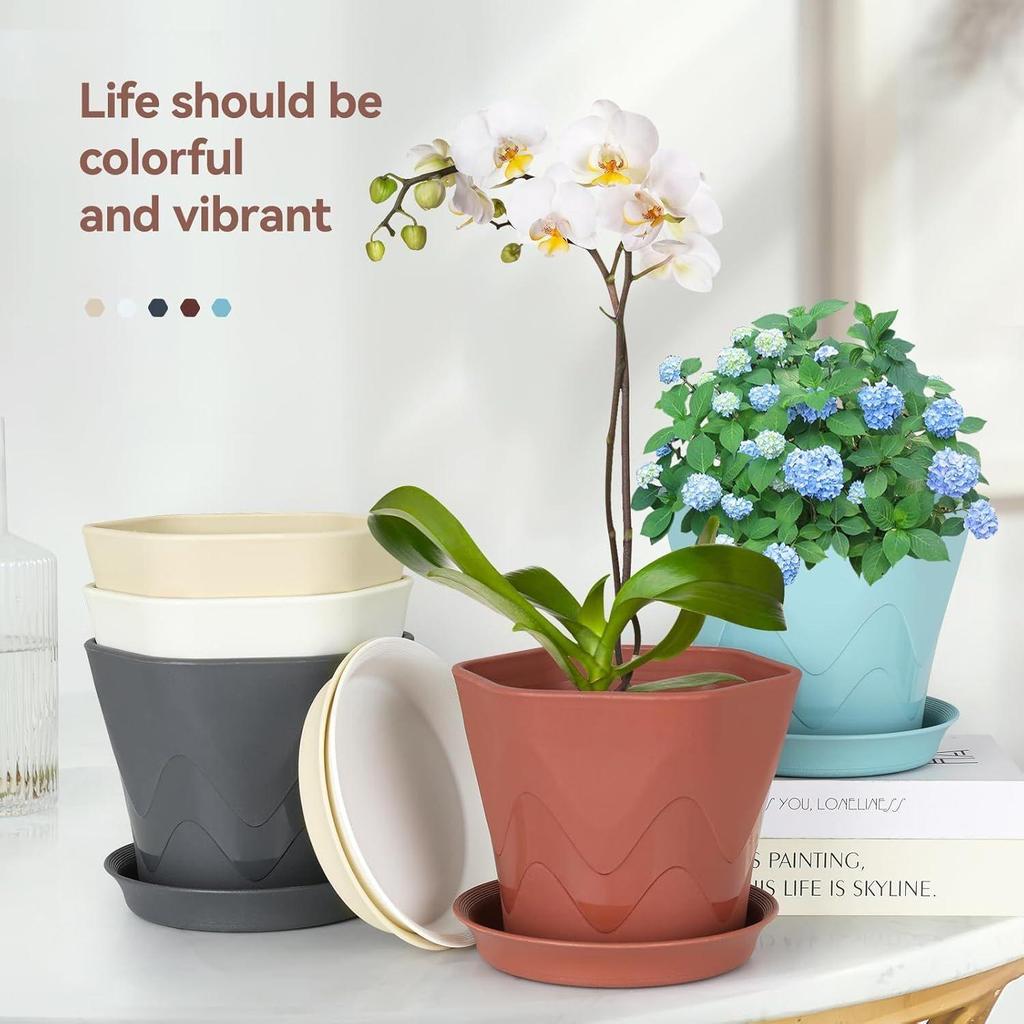 5.7Inch Plastic Flower Pots for Indoor Outdoor Planters with Drainage Tray Hexagon Design,Breathable Bottom,Lightweight for Balcony,Garden,Home