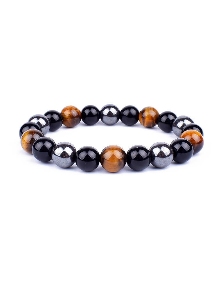 Triple Protection Natural Stone Beads Bracelet Tiger's Eye for Courage Obsidian for Grounding & Pyrite for Wealth Health Jewelry