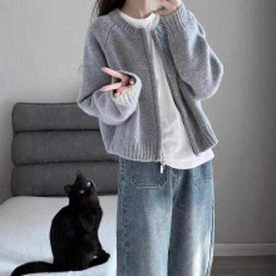 Women's 2024 Pure Wool Knit Cardigan - Round Neck, Long Sleeve, Versatile Base Layer