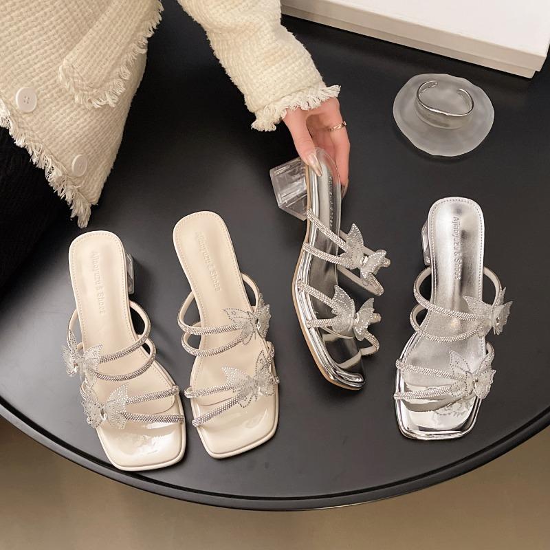 Rhinestone sandals women's summer wear fashion high-end bow crystal medium heel thick heel with skirt cool slippers