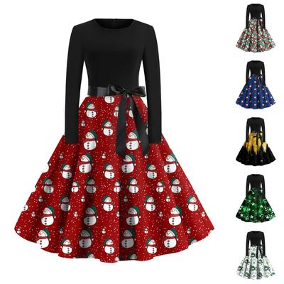 Women Christmas Print Flare Dress Long Sleeve O-Neck Dress Party Casual Dresses