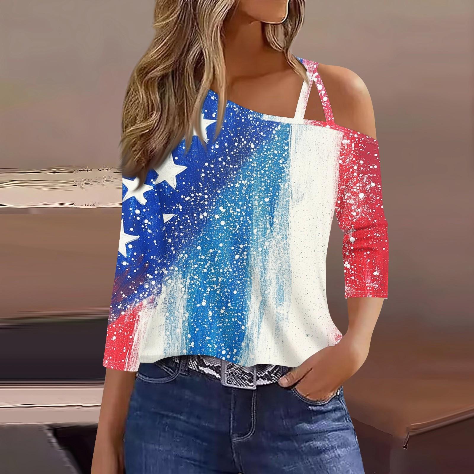

Women s Fashion Casual Independence Day Print Sexy Cold Shoulder 3/4 Sleeve T-shirt Top XL