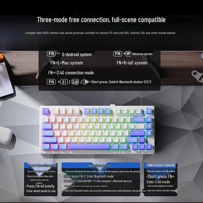 Lenovo GK10 Tri-Mode Wireless RGB Hot-Swappable Mechanical Keyboard