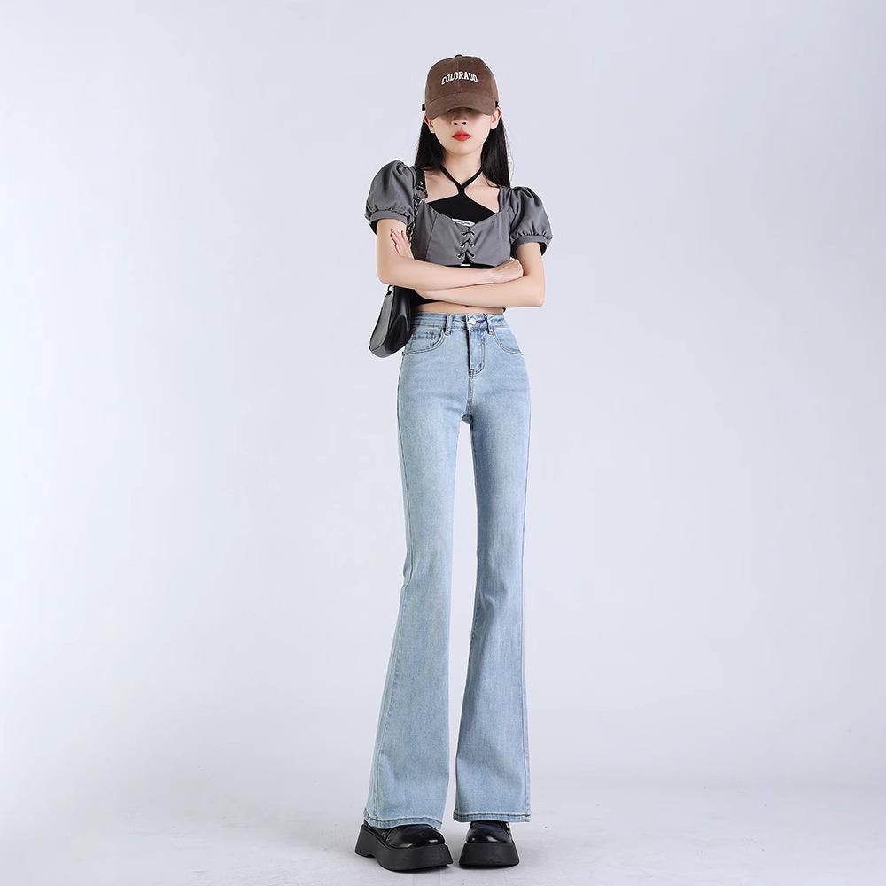 Women s High-Waisted Light Blue Micro-Flared Jeans - 2024 Spring/Autumn Versatile Long Pants. M