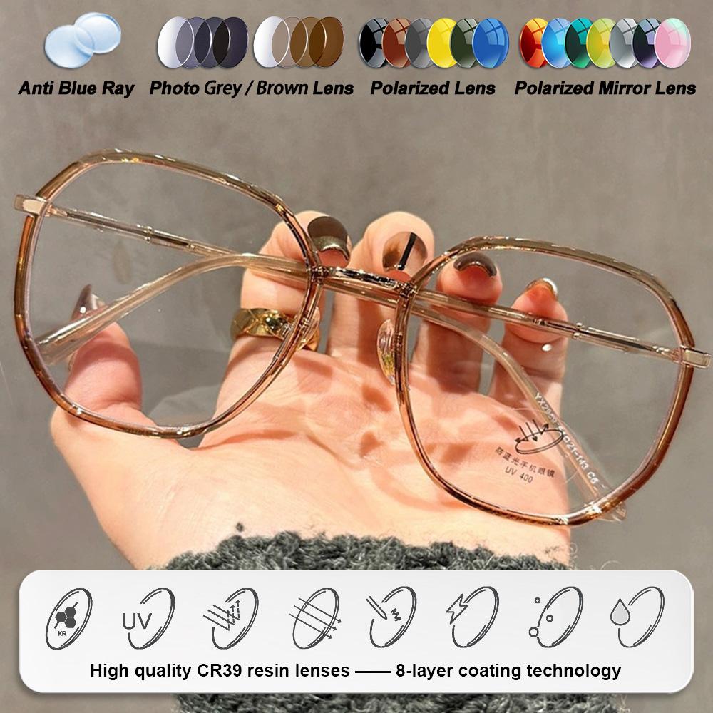 CLLOIO High Quality Retro Polygonal Myopia Prescription Computer Glasses Women Anti Blue Ray Photochromic Progressive Eyeglasses