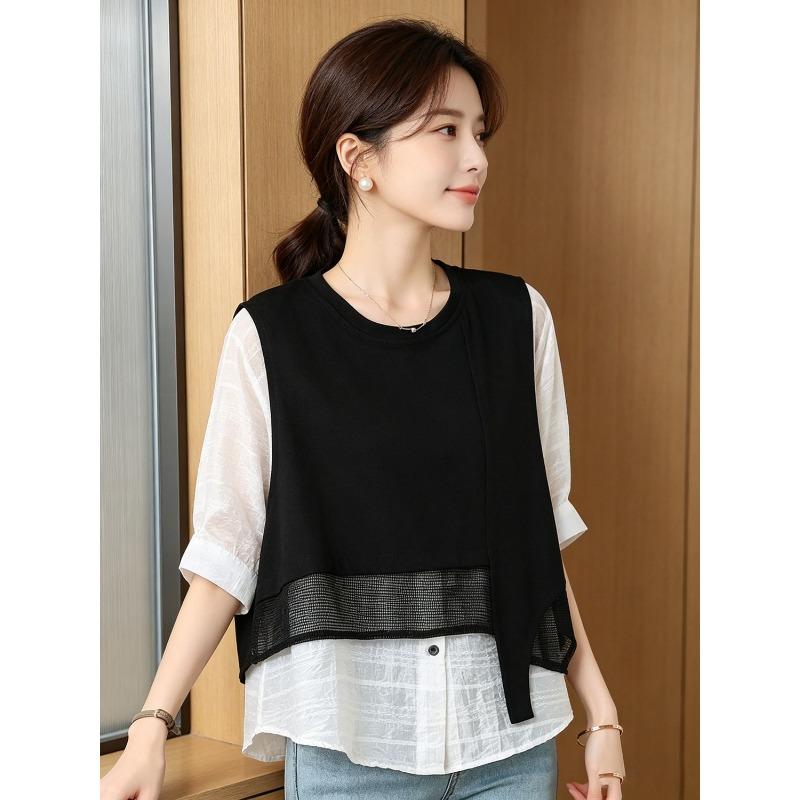 Black Fake Two Piece Loose Five Sleeve Shirt For Women Plus Size Summer Slimming Top
