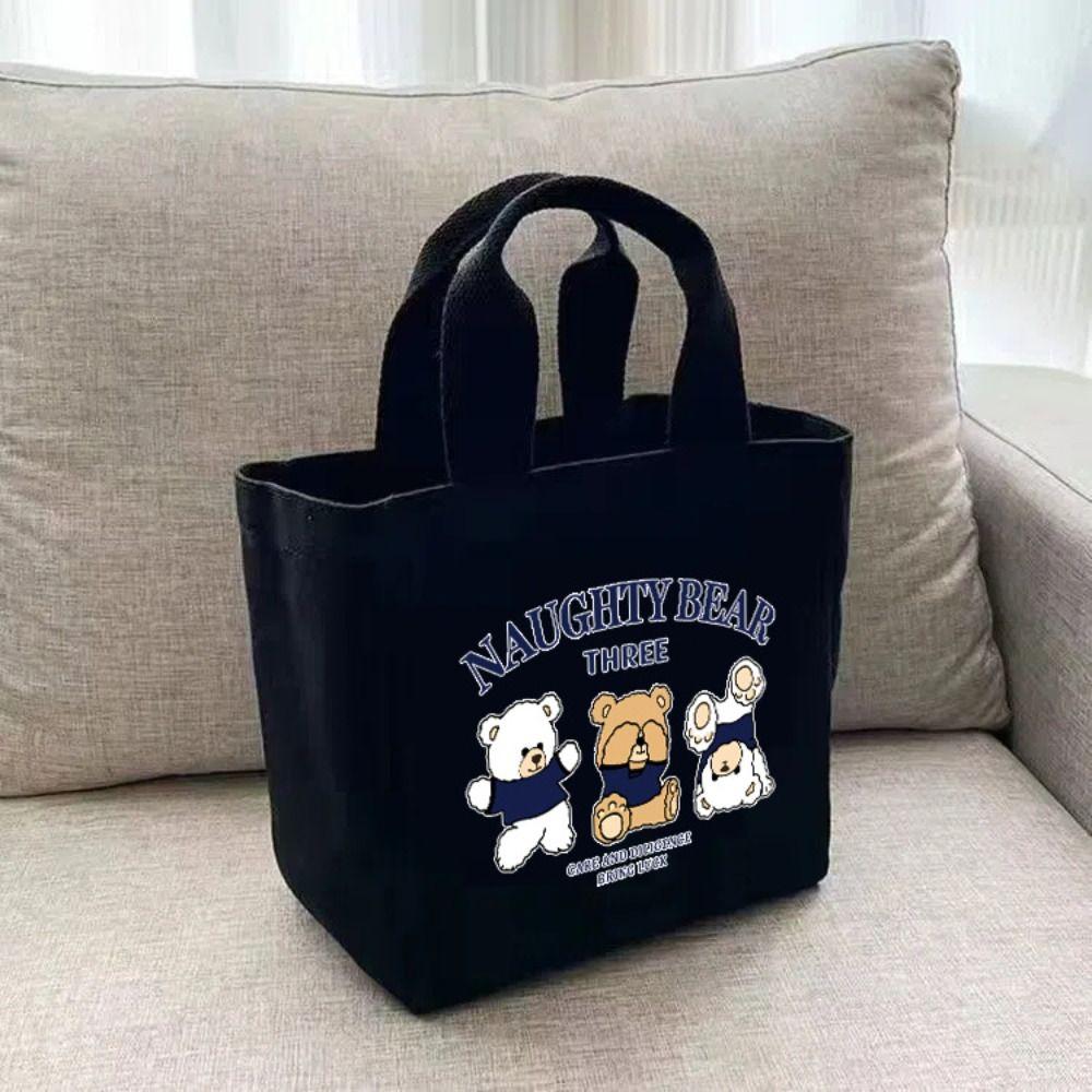 New Cartoon Embroidery Lunch Bag Casual Fashion Canvas Handbag Cute Bear Tote Bag Outdoor Food Storage Picnic Pouch
