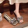 Versatile fashion square head high-heeled outer slippers women's summer 2025 new thick-heeled bow open-toed cool slippers