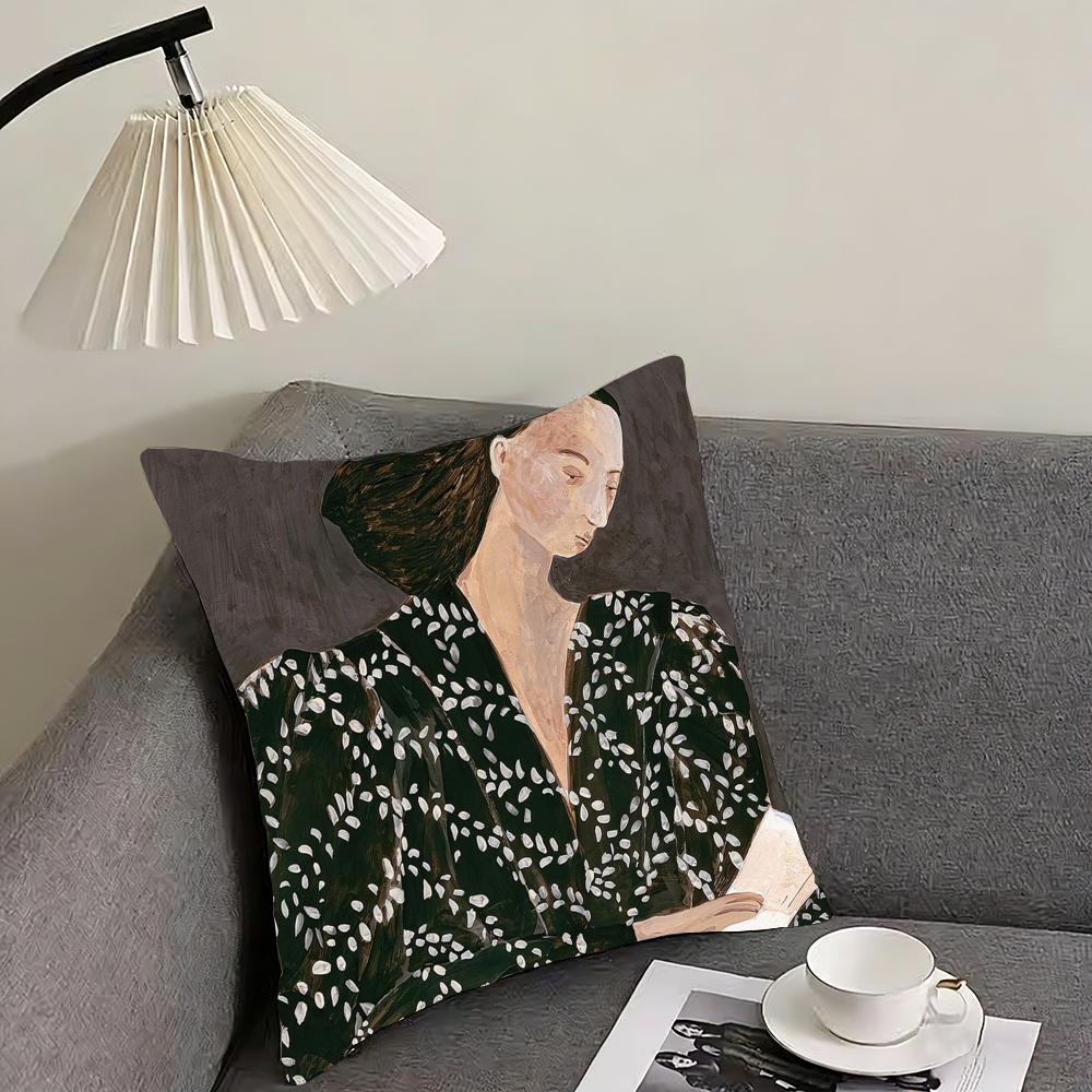 Abstract Figure Lines Girl Sofia Cushion Cover Reversible Plush Pillow Cover – For car, sofa, bedroom, perfect as a gift.