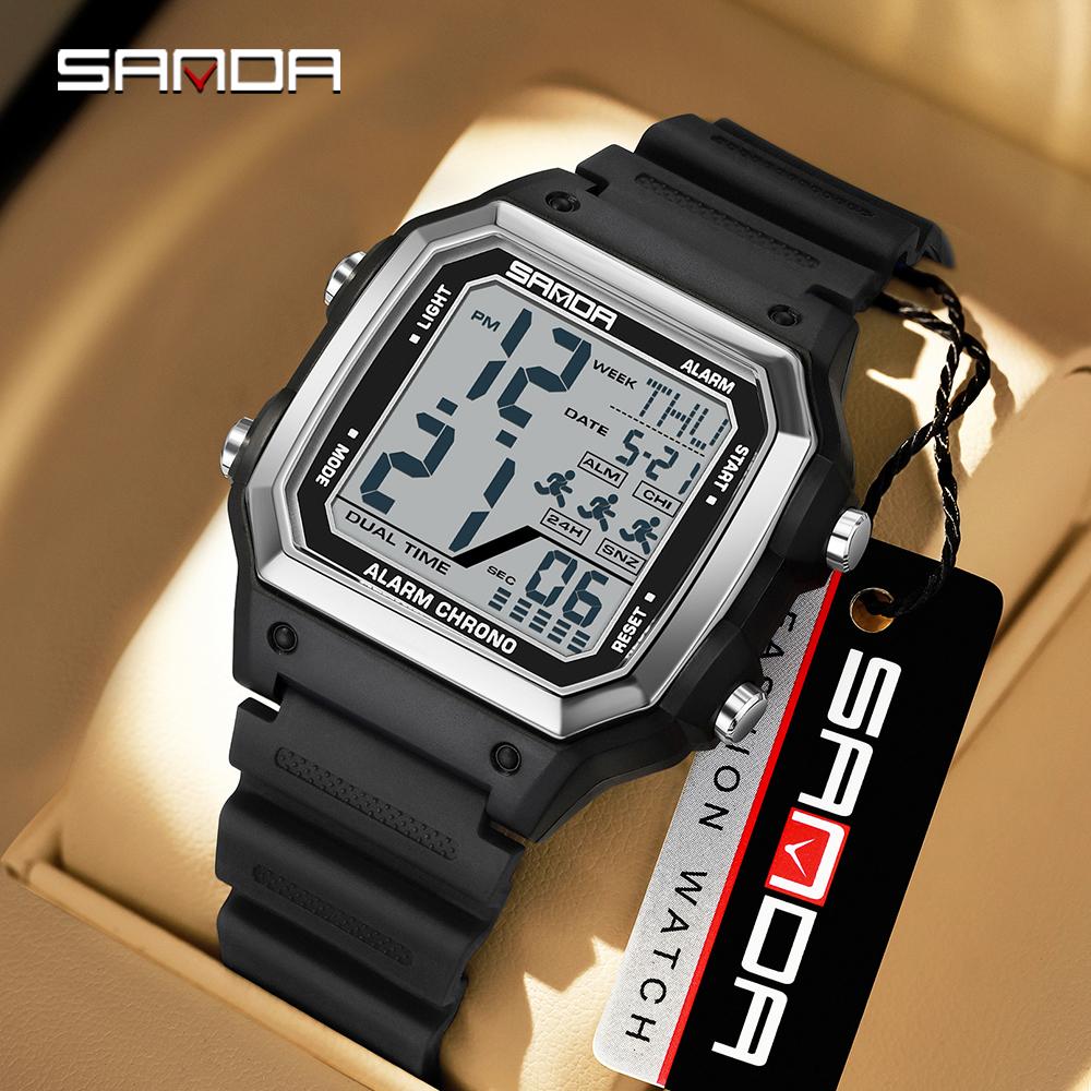 Sanda 6380 Fashion Men's Electronic Led Digital Watch Sports Night light Multi Functional Waterproof Student Timing Alarm Clock
