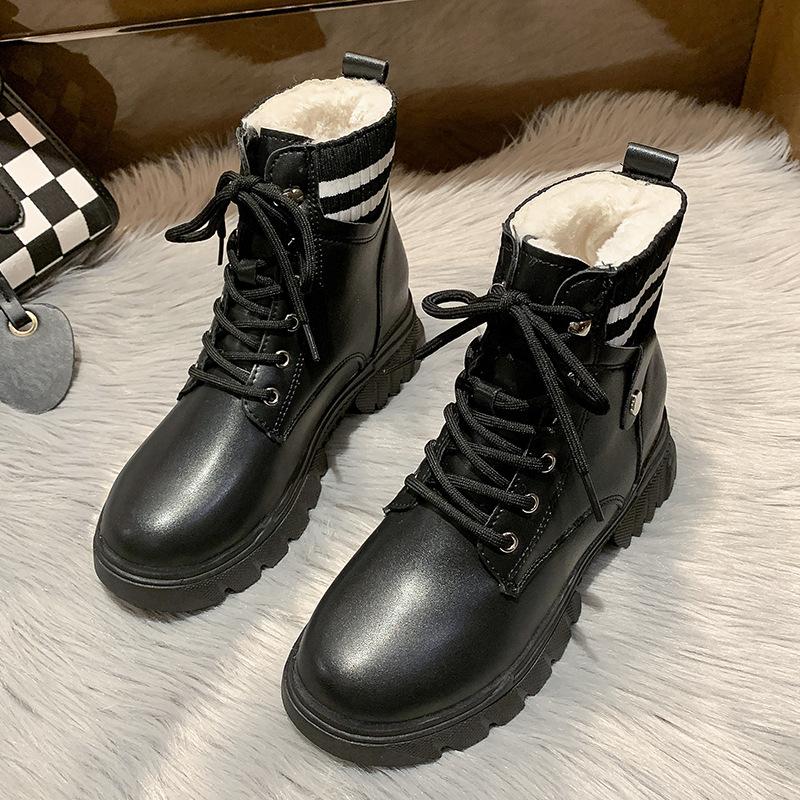

2024 зима новые британские теплые плюшевые ботинки Martin на толстой подошве со шнуровкой женские модные короткие сапоги из эластичной шерсти 35 чёрный