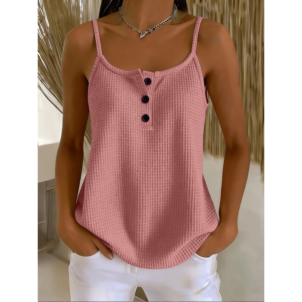 Camis & Tank Tops - Summer Solid Color Waffle Patchwork Cami Top, Slim Fit Button-fixed Camisole Women Europe America Crossborder