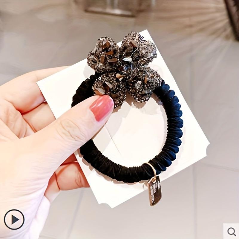 Korean Style Rhinestone Heart Hair Tie Four-Leaf Clover Square Hair Tie Easy Temperament to Tie Hair Rubber Band