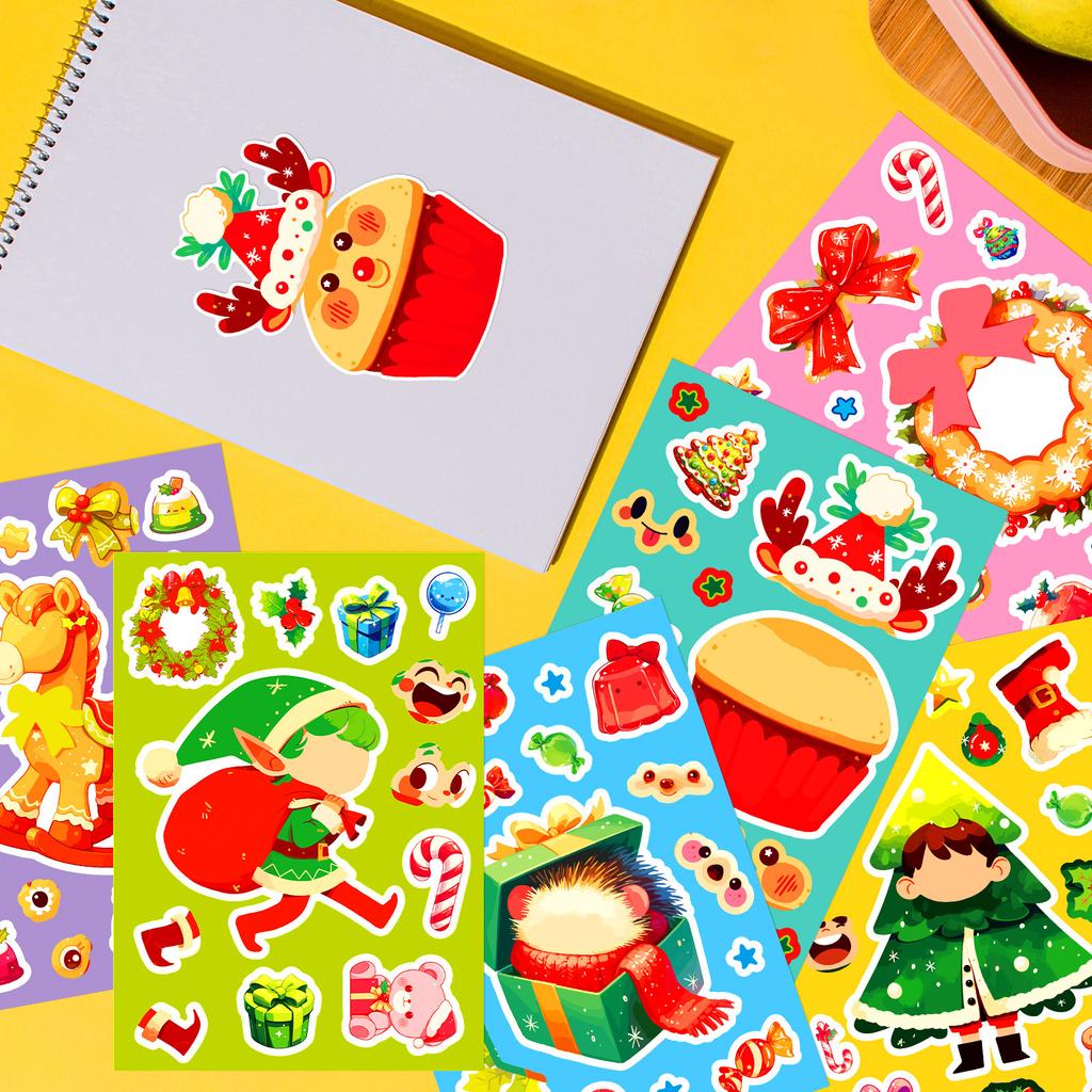 6er Pack Weihnachts-Puzzle-Sticker Cartoon Trojanisches Pferd Weihnachtsbaum Kranz DIY Collage Eltern-Kind Interaktive Sticker