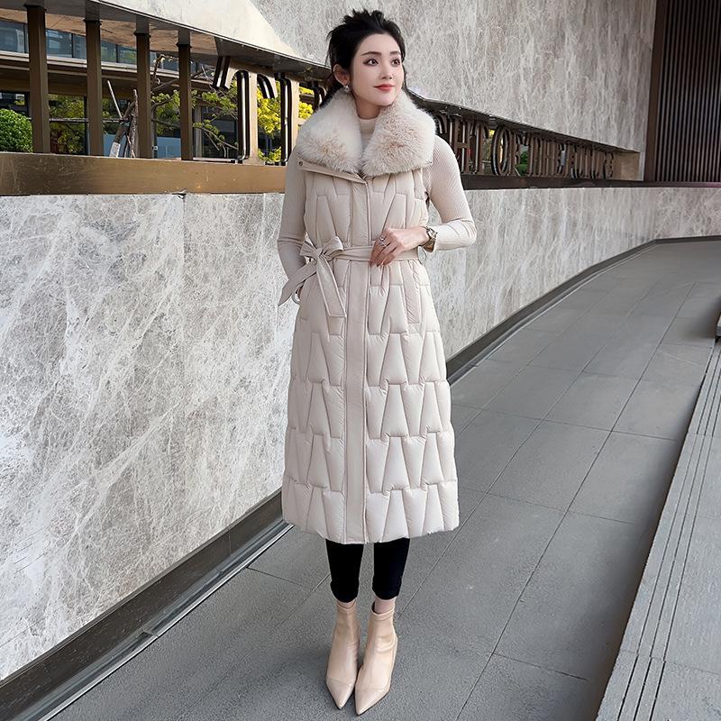 Autumn and Winter Down Cotton Vest Women's New Large Size Knee Long Medium Slim Fur Collar Vest Jacket