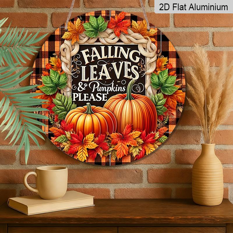 2D Flat, 1pc Round Aluminum Festive Fall Leaves & Pumpkins Wall Sign, Vintage Aluminium Decor for Home, Kitchen, Office, Garden, Garage, Christmas