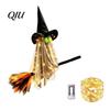 Illuminated Ghost Tree Ornaments Halloween Flying with Witch Broom, Large Lighted Hanging Decoration Indoor Party Wall Decorations Hat for Lawn Patio