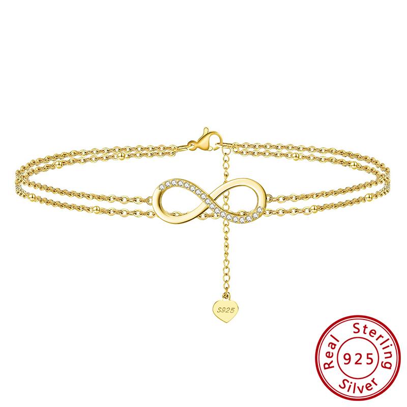 

Effie Queen Layered Infinity & Satellite Chain Anklet 925 Sterling Silver Gold Plated Simple Women Beach Foot Jewelry Chain SA16