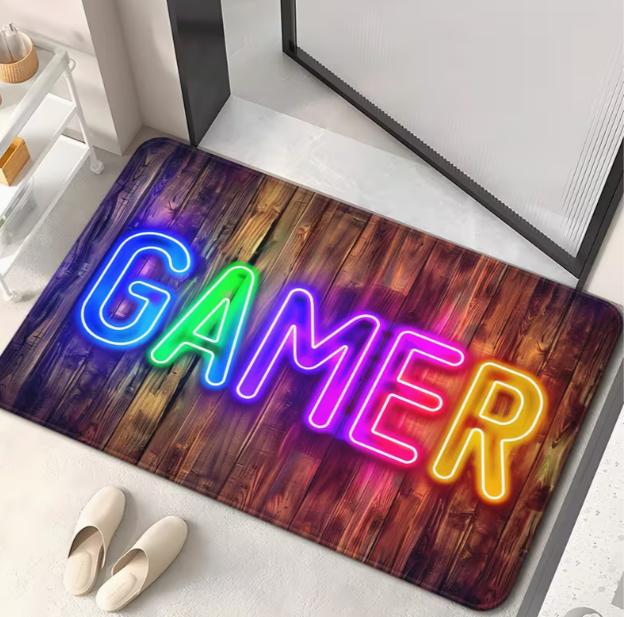 Colorful Graffiti Letters+"Gamer" Slogan Floor Mat At The Entrance, Soft and Absorbent Decorating Such Living Rooms Offices Etc