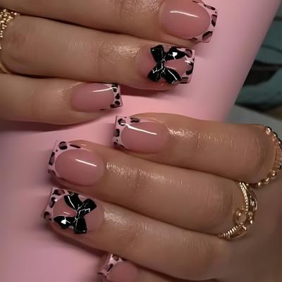 24 Bucăți Fundițe 3D Unghii Artificiale Imprimeu Leopard French Unghii False Ziua Îndrăgostiților Unghii Press On Acoperire Completă Unghii Stick-on
