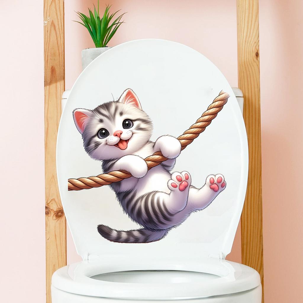 Adorable Cartoon Kittens Clutching Jute Rope Bedroom Living Room Study Wall Decals for Decorative Enhancement