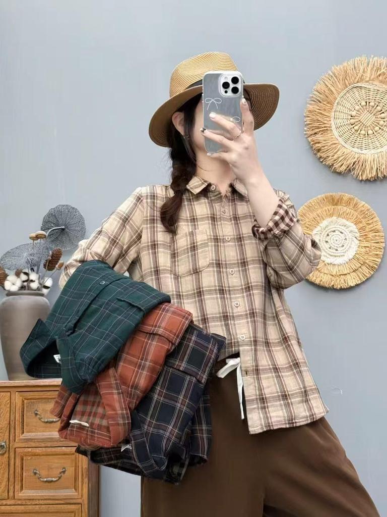2025 Spring Women's Plaid Loose Casual Korean Style Academy Double Layer Gauze Long Sleeve Shirt