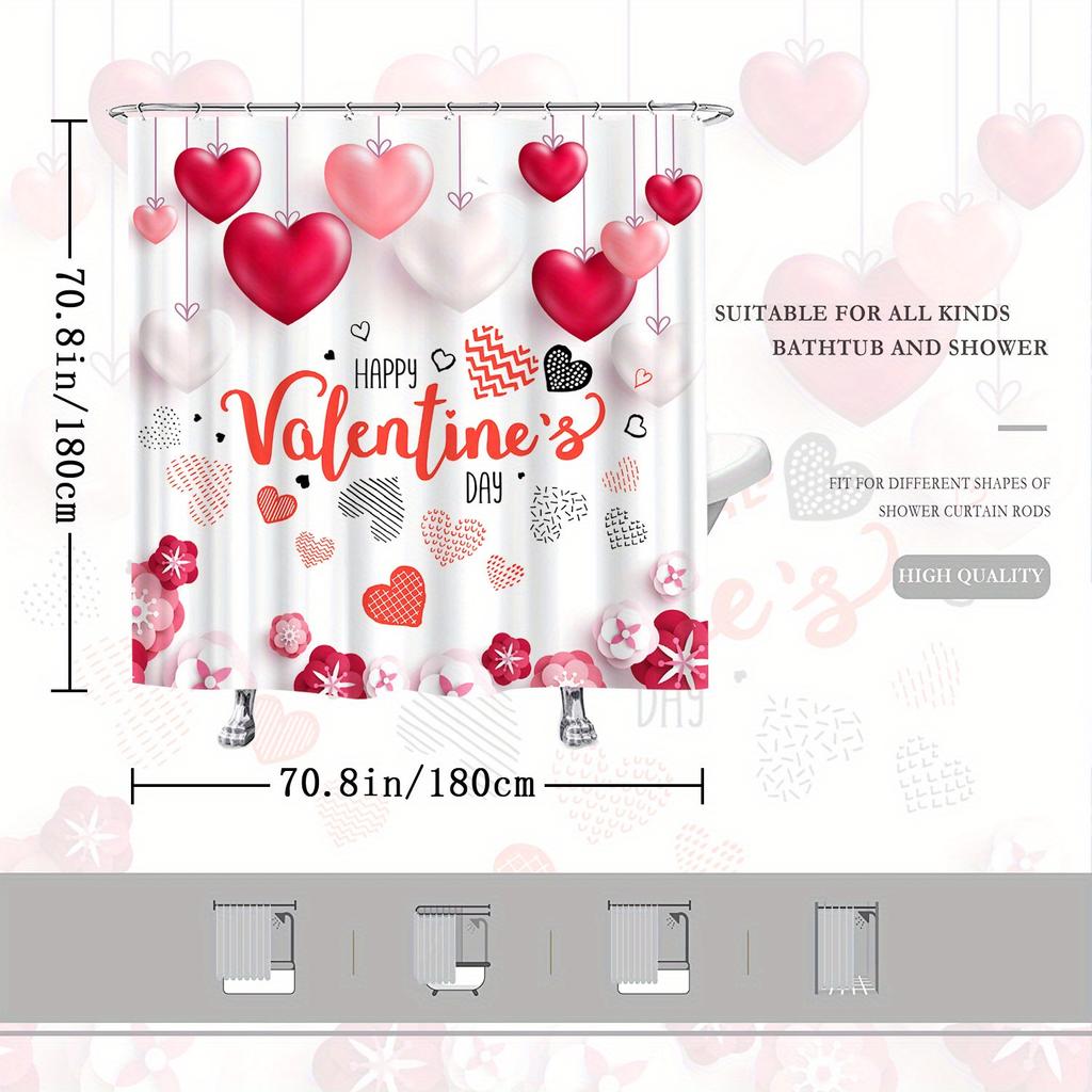 1Pc Valentine'S Day Shower Curtain - Heart & Floral Balloons, White Background, Red & Pink Flowers,Text: 'Happy Valentine'S Day'
