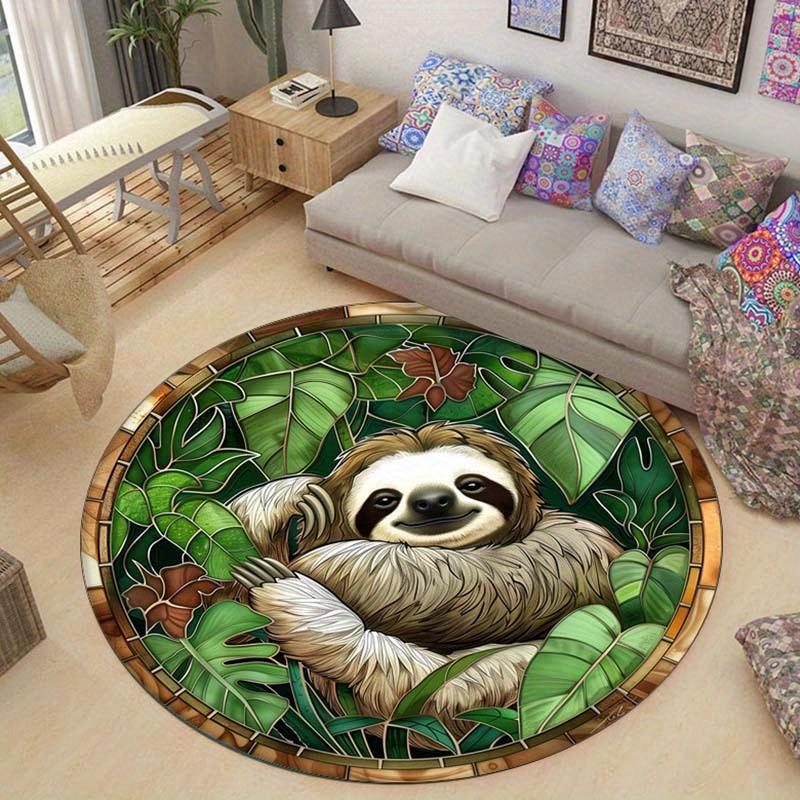 Sloth Animal Round Rug Flannel Printed Carpet Nature Theme Home Decor Cozy Soft Floor Mat Living Room Indoor Use