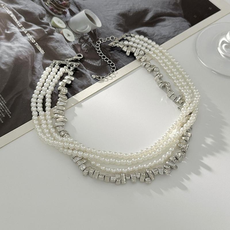 Double Layer Geometric Designs Collar Necklace with Imitation Pearls for Women Trendy Neckchain Fashion Jewelry