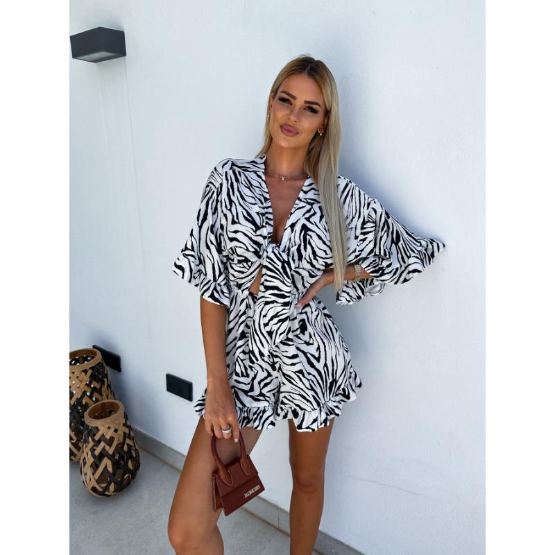 Summer Holiday Casual V-neck Printed Short Sleeve Jumpsuit Women Wide Legs