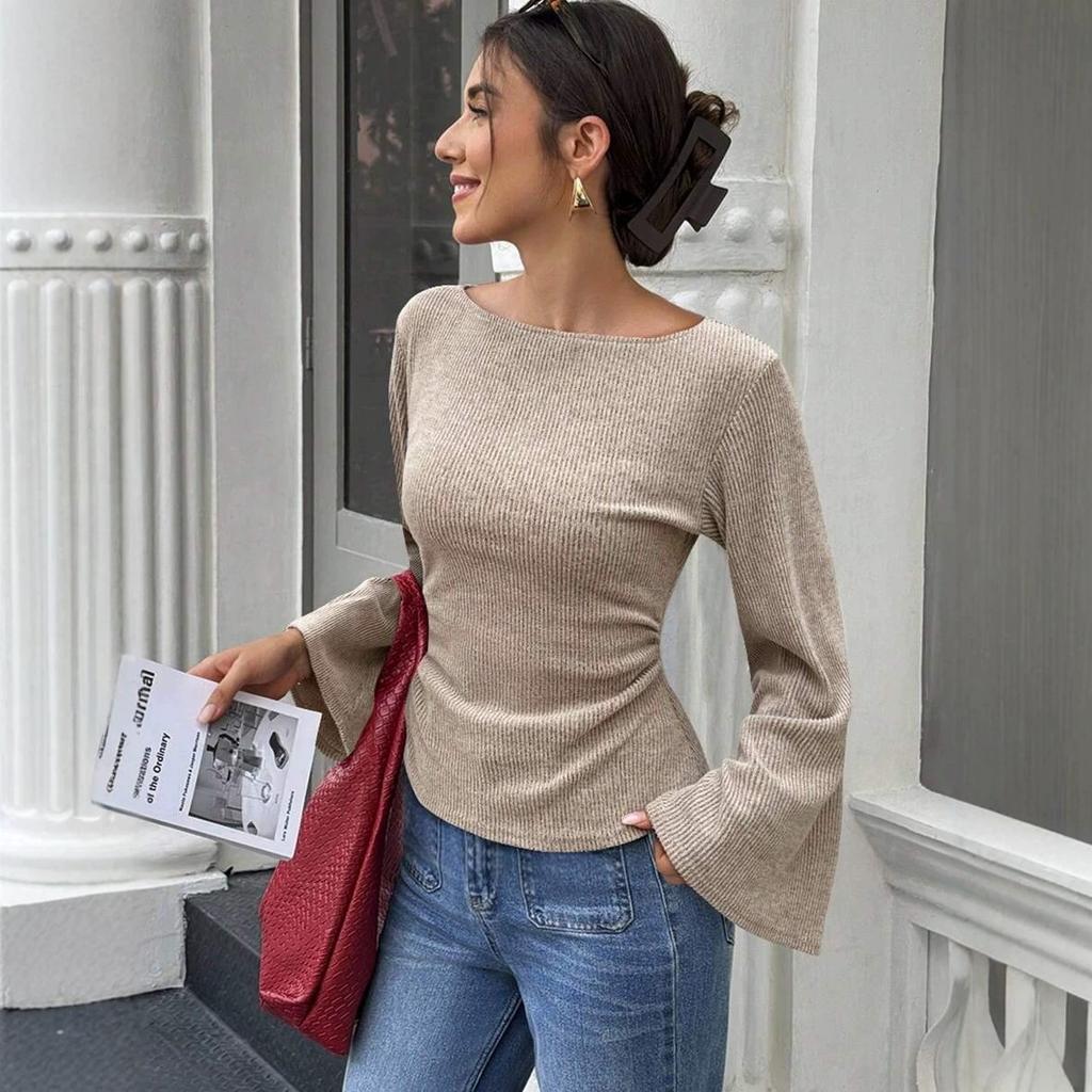 Women Off Shoulder Knitted Sweater Long Sleeve Asymmetric Hem Casual Top