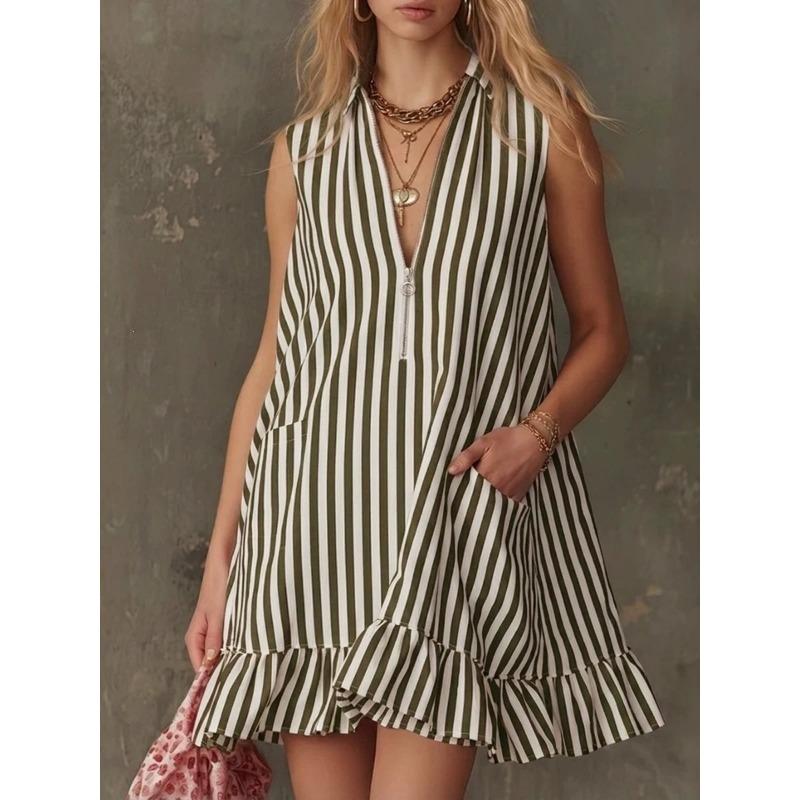 Women S Vintage V Neck Striped Sleeveless Ruffle Mini Dress
