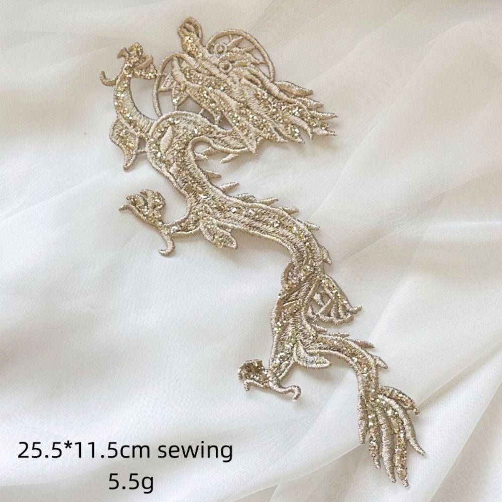 2 Pieces Sequin Decoration Embroidered Dragon Cloth Patch Chinese Style Sew On Patch  Bridal Gown