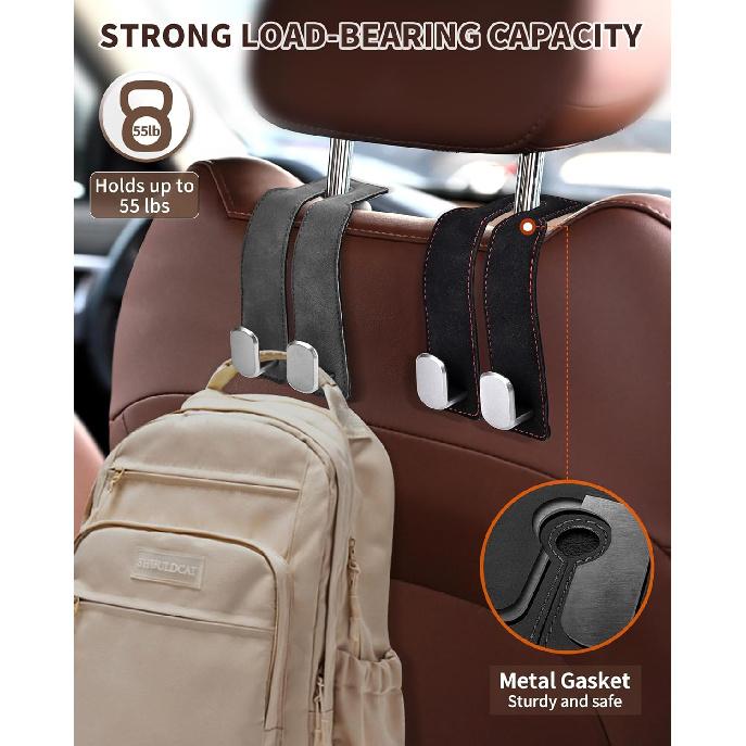 Headrest Hooks For Car, 4 Pack Car Seat Back Organizer Storage Hook, Double Hook Car Seat Hooks For Hanger Purses And Bags, Leather Purse Holder For