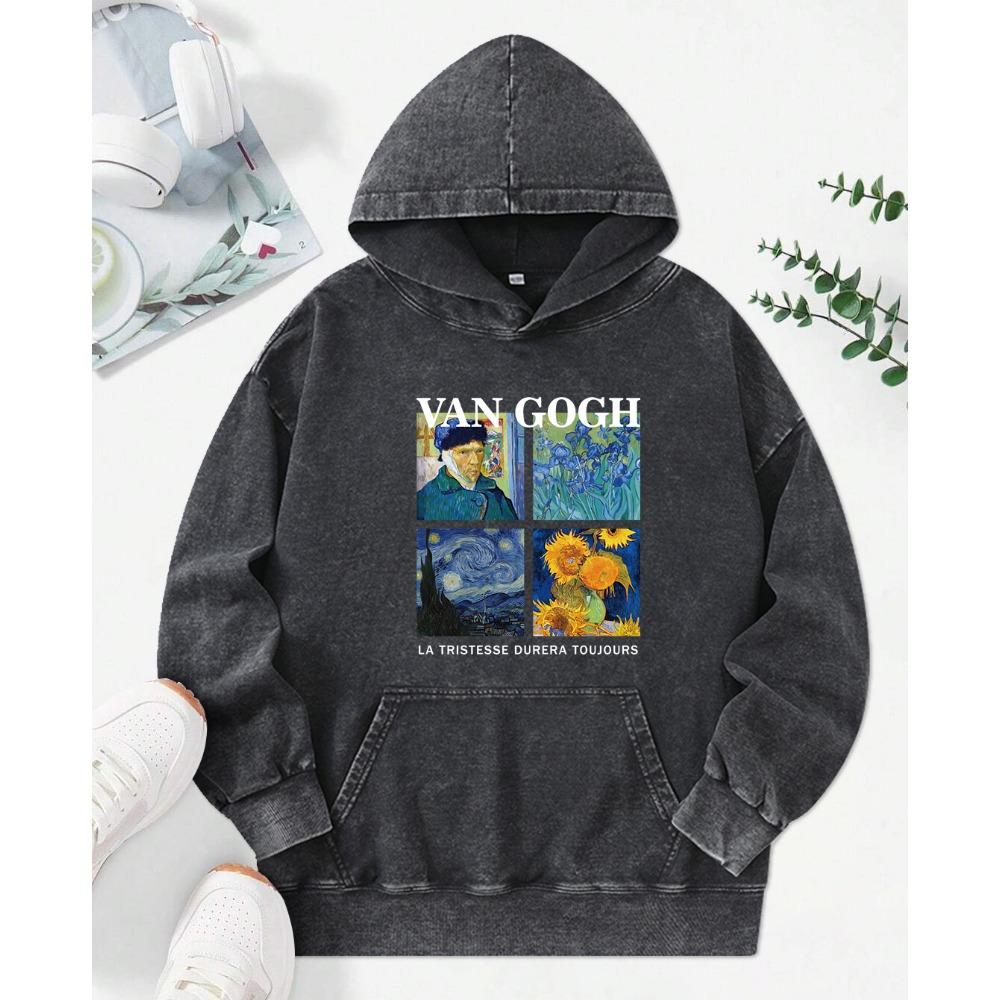 Sunflower Oil Painting Illustration Printing Washed Hoodie Women Comics Hoody Vintage Clothes Autumn Cotton Sportswear