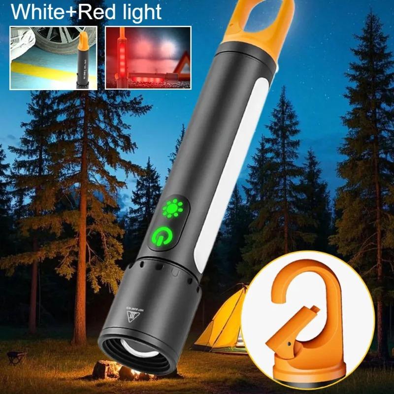 3500MAH USB Rechargeable LED Flashlight Powerful Zoom Camping Lantren 9 Modes Type-C Charging Aluminum Alloy Torch Tactical Outdoor Light with Hooks